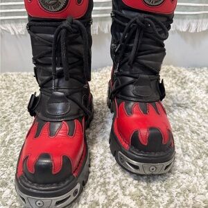 Used New Rock boots,Red and Black Flame Combat Boots, Size  36.